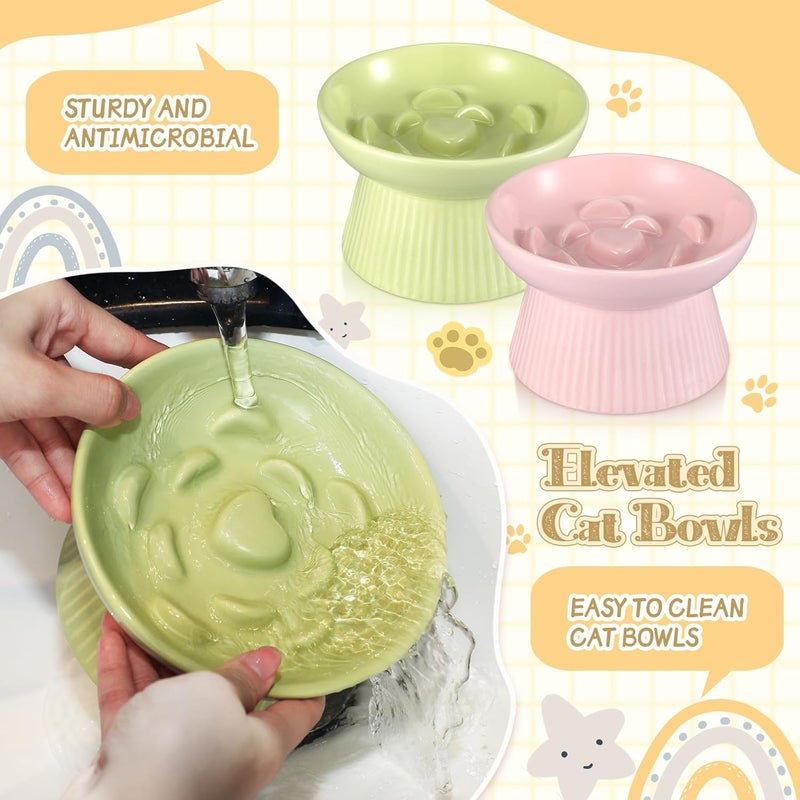 Layhit 2 Pack Raised Slow Feeder Cat Bowls Ceramic Elevated Cat Food Bowls Anti Vomiting Slow Feeder for Dog and Kitten for Dry and Wet Food(Green, Pink) - Image 3